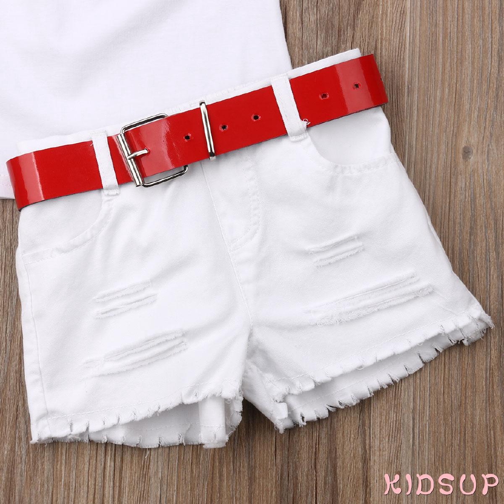 Set áo hoa trễ vai nhún bèo + quần short denim phối rách hợp thời trang mùa hè cho bé gái