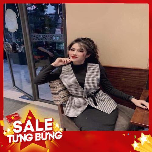 Bán sỉ Set 3 chi tiết áo gile kẻ phối đầm len boby kèm đai -Hàng nhập khẩu