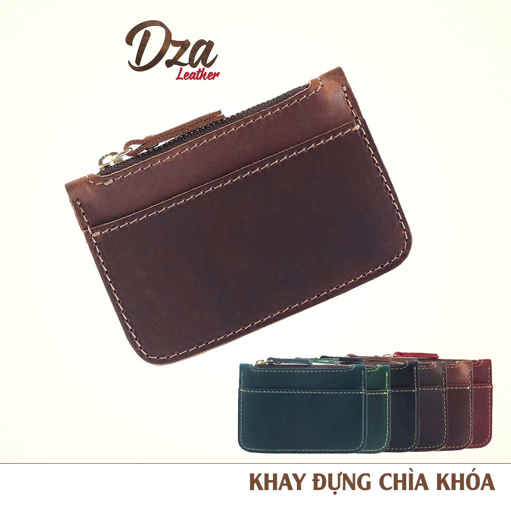 Ví mini da bò handmade đựng tiền lẻ và thẻ Dza leather nam nữ hoàn toàn mới sang trọng nhỏ gọn bền bỉ có khóa kéo đồng