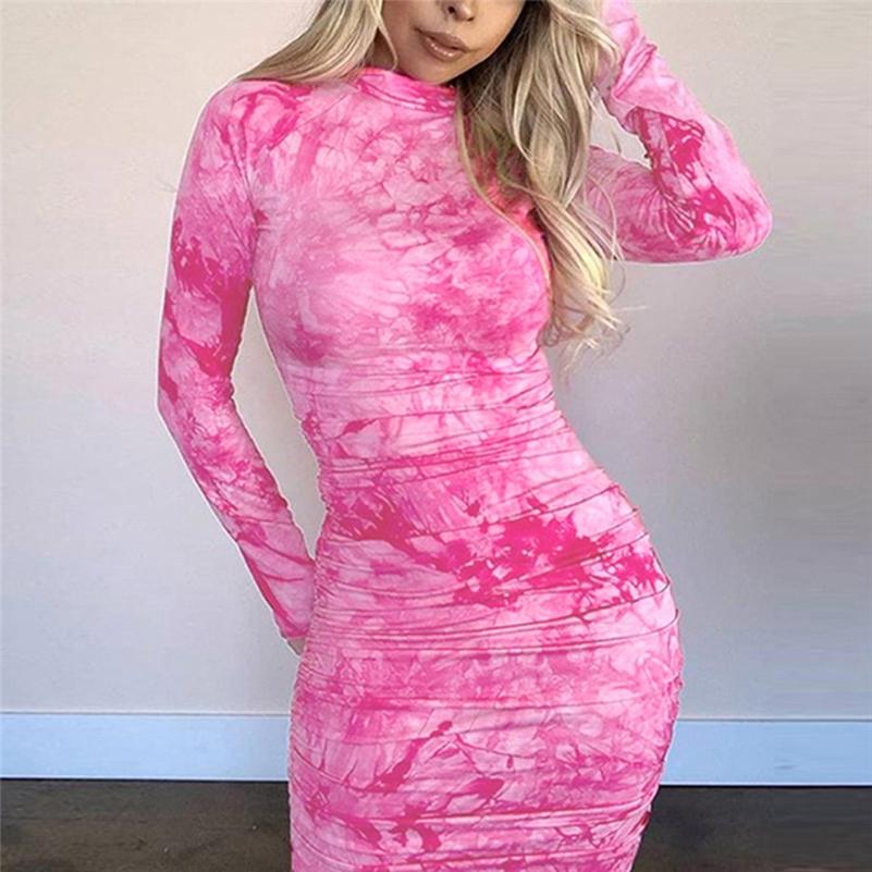 Women Midi Dress Fashion Long Sleeve Party Dresses Tie Dye Print Skinny Ruched Clubwear Slim Dress