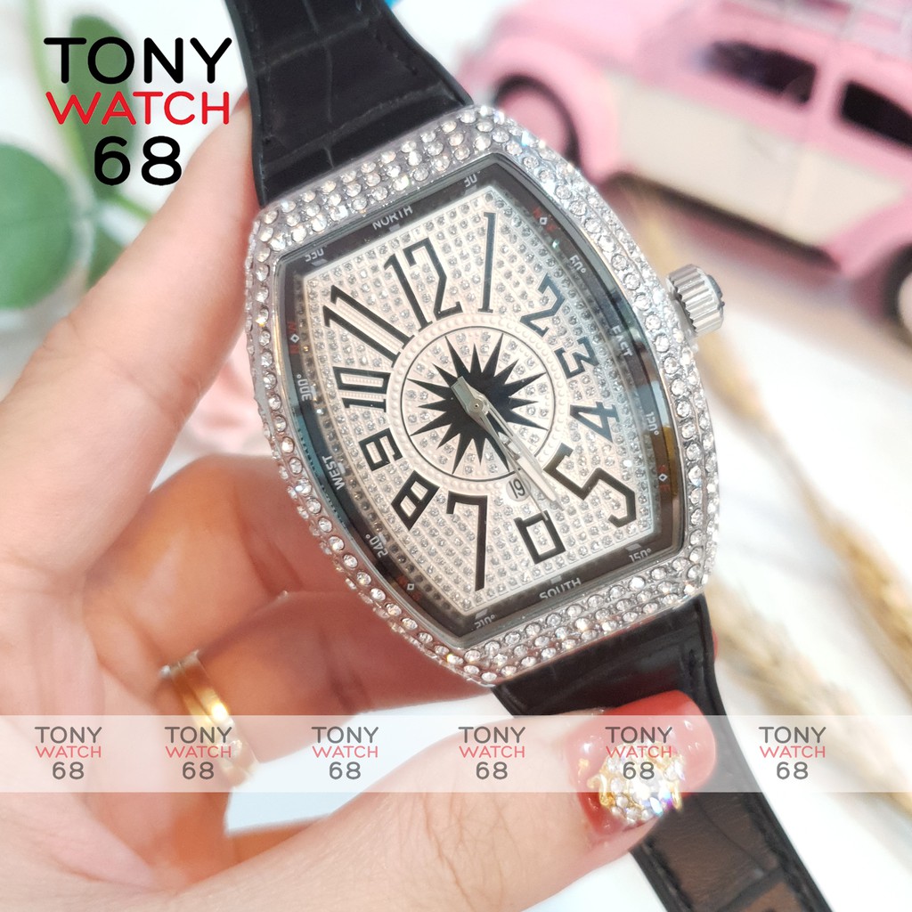 Đồng hồ nam FM bầu dục đính đá khóa thông minh dây cao su bọc da siêu bền chính hãng Tony Watch 68