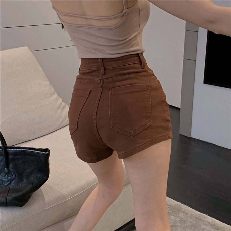 Quần Short Denim Màu Nâu Caramel Lưng Cao Dáng Ôm Gợi Cảm Phong Cách Hàn Quốc Cho Nữ