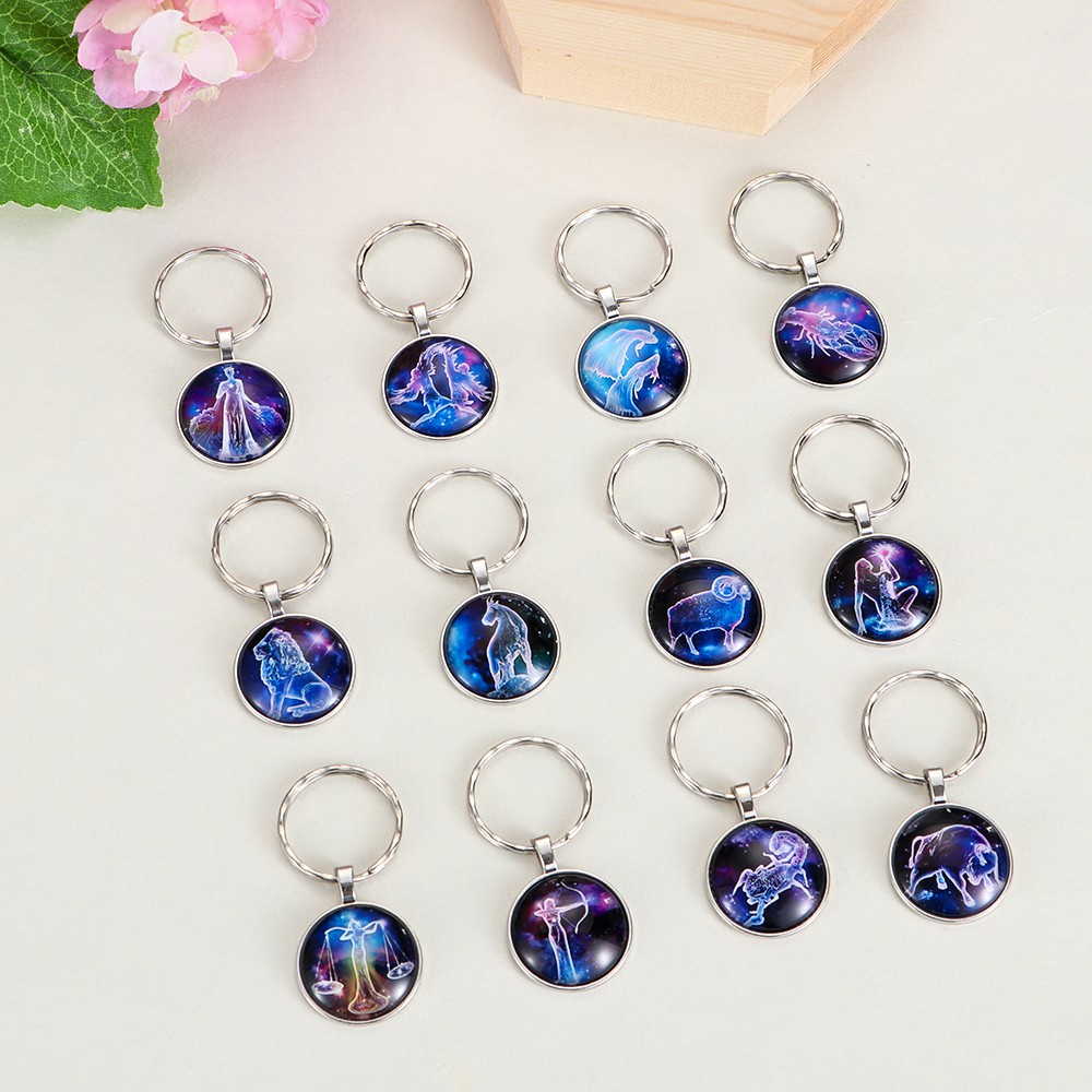 LILY🌿 Double Face Zodiac Pendant Best Birthday Gift Leo Libra Scorpio Sagittarius Constellation Keychain New Friendship Gift Fashion Celestial Keyring Horoscope Astrology