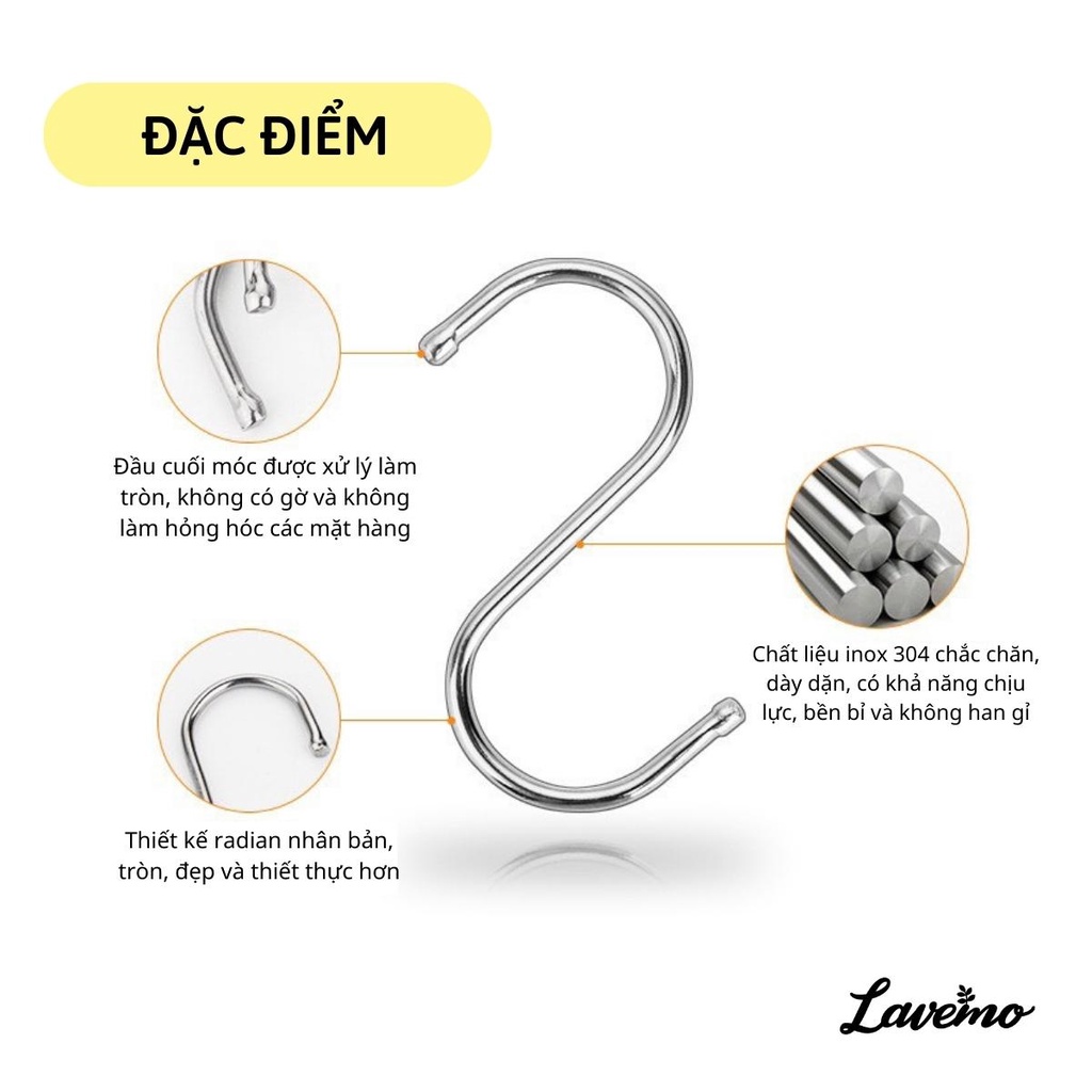 Móc Chữ S LAVEMO Loại Cao Cấp Có Đầu Tròn Treo Đồ Siêu Chắc - Treo Hàng Hóa - Inox Loại 1 Nhiều Kích Cỡ MOC-S