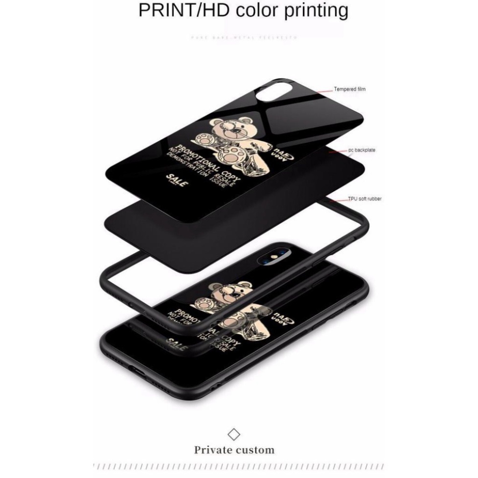 Ốp lưng iphone 6, 7, 8 Plus, X, XS, XR, XSMAX, 11, 11PRO, 11 PROMAX, 12, 13 PROMAX GẤU NẰM xinh xắn BẰNG KÍNH PKVN