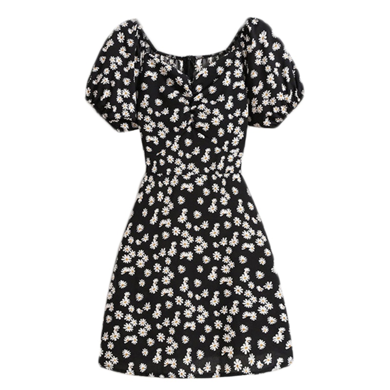 Brroa Đầm Chữ A Tay Ngắn Phồng Cổ Thuyền Họa Tiết Hoa Cúc Phong Cách Boho Thời Trang Cho Nữ