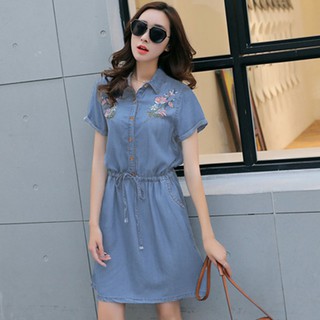 Đầm Jean Nữ Dây Rút Eo Thêu Hoa