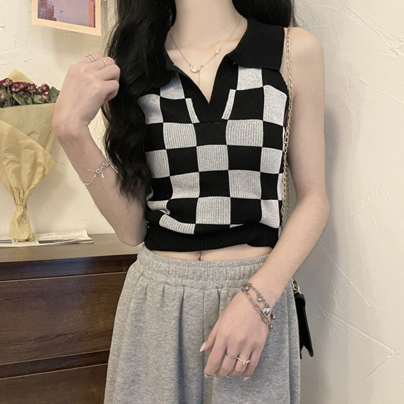 Áo Sweater Dệt Kim Không Tay Cổ Chữ V Họa Tiết Sọc Caro Quyến Rũ Cho Nữ