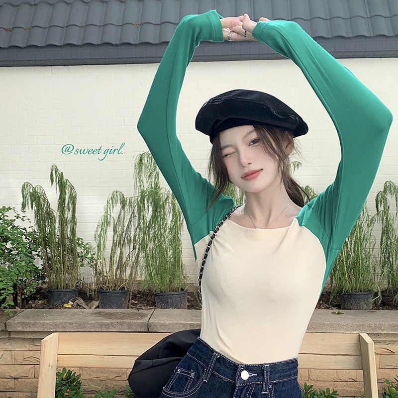 Áo thun tay dài cổ vuông thiết kế mới thời trang mùa thu dành cho nữ