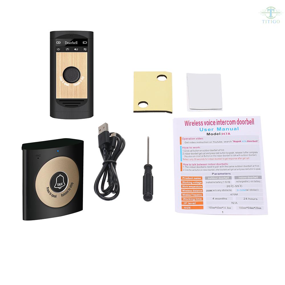 Wireless Voice Intercom Doorbell 2-way Talk Monitor with 1*Outdoor Unit Button 1* Indoor Unit Receiver Smart Home Security Door Bell