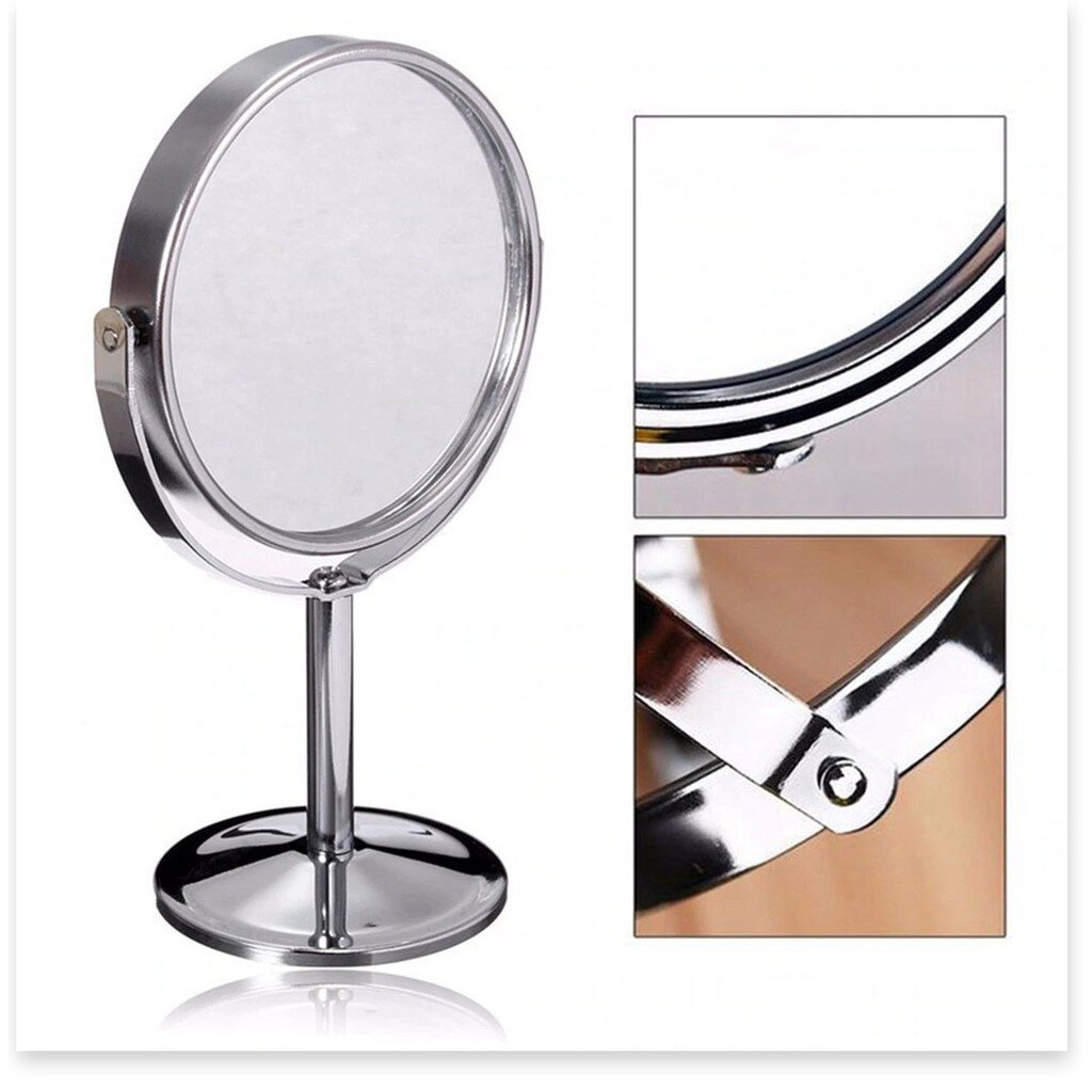 Gương trang điểm 2 mặt gập xoay 2 chiều 360 chân đứng để bàn viền inox, gương soi hai mặt makeup oval tròn mini phóng to