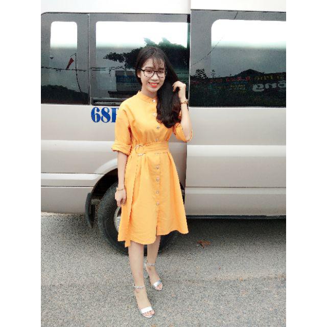 Đầm Nữ Vàng Cam Suông Tay Dài Thắt Eo