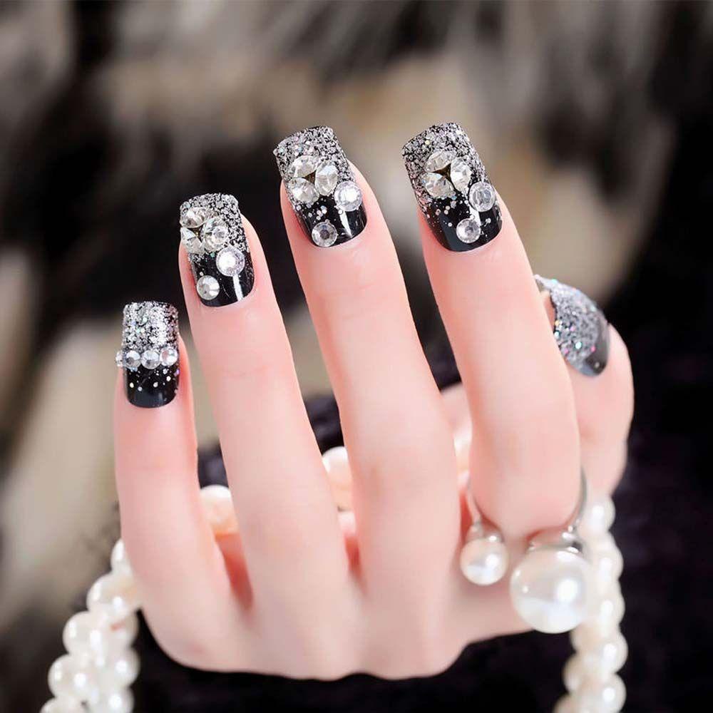 Bộ 24 Móng Tay Giả Đầu Vuông Màu Trắng Đen Dạng Nhấn Tinh Tế DIY