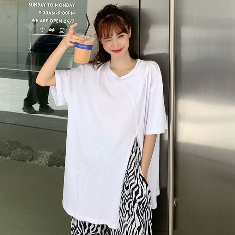 Set Áo Thun Ngắn Tay Xẻ Tà + quần ống rộng Họa Tiết Ngựa Vằn Phong Cách Hàn Quốc Mới Cho Nữ