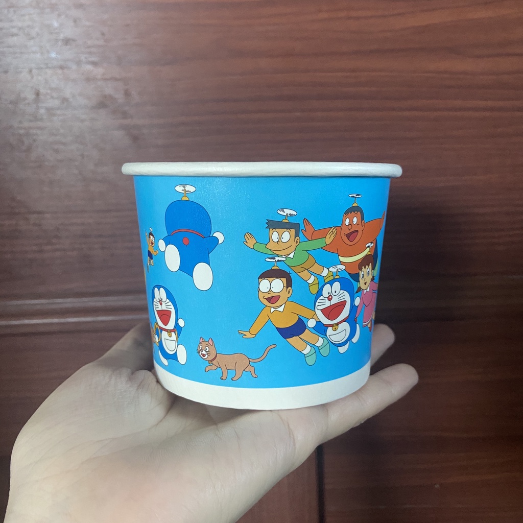 50 Bát giấy 350ml ~ 12oz in hình doraemon, dâu có nắp, hộp giấy, cốc ly đựng chè bún mì cháo - paper bowl with lid 360ml