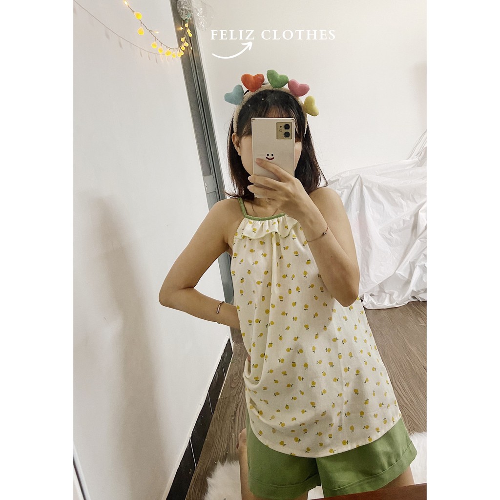 [Feliz.Clothes] Đồ ngủ 2 dây yếm linen bột hoa vàng siêu mát, siêu dễ thương | BigBuy360 - bigbuy360.vn