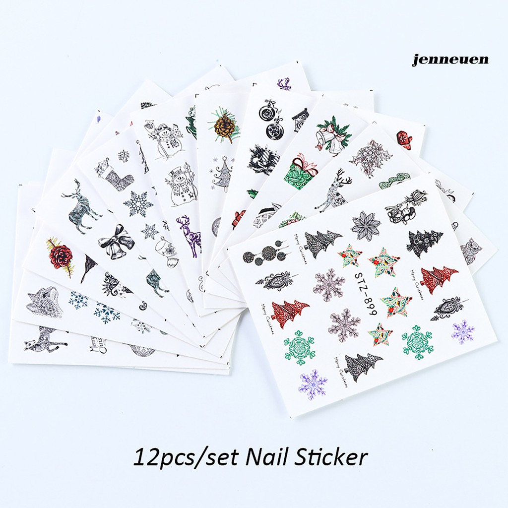 [Hàng mới về] Bộ 12 Đề Can Dán Trang Trí Móng Chuyển Họa Tiết Bông Tuyết/Chuông/Tuần Lộc Giáng Sinh