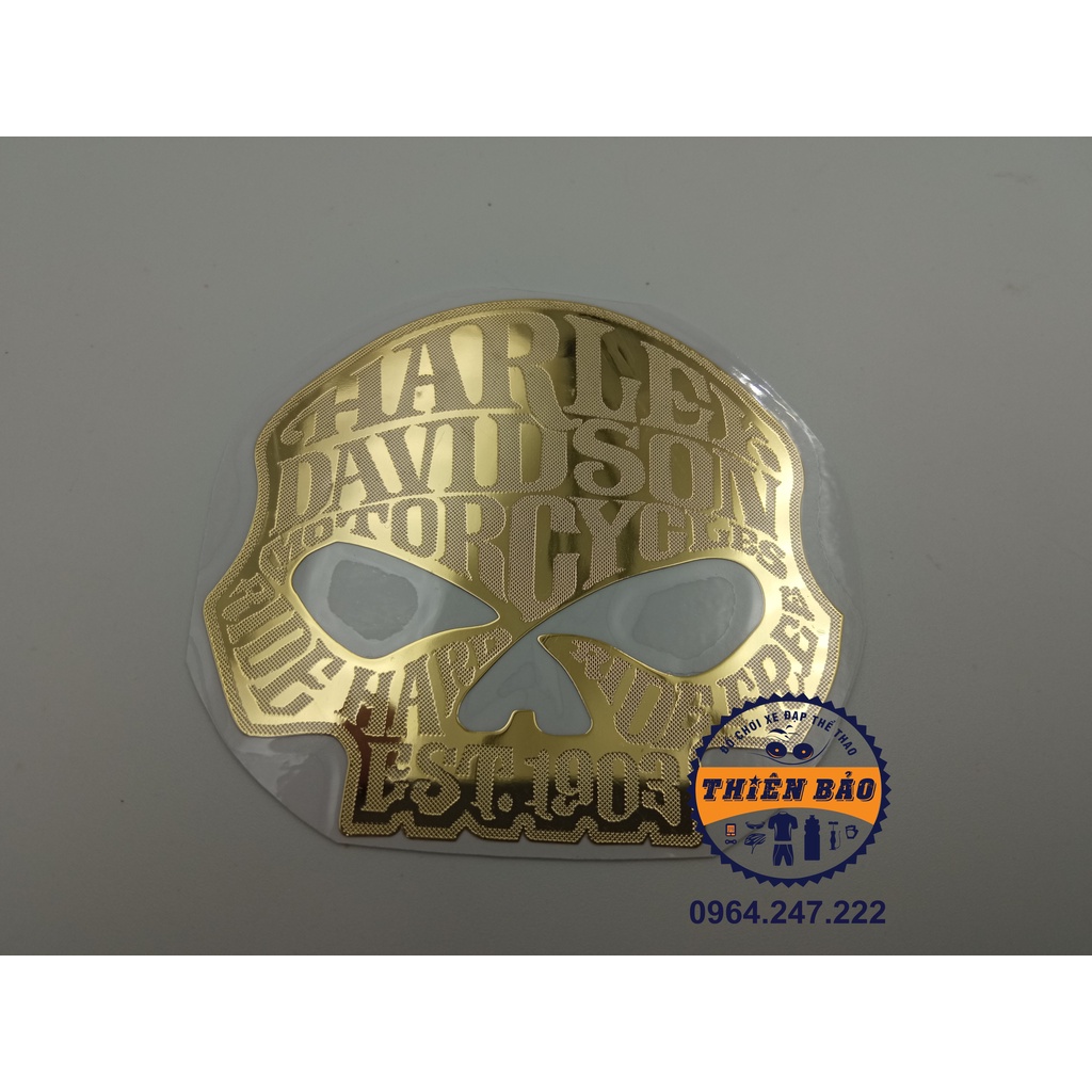 Decal dán xe máy, Tem dán xe Harley Davidson, sticker dán xe Đầu lâu chữ vàng #205