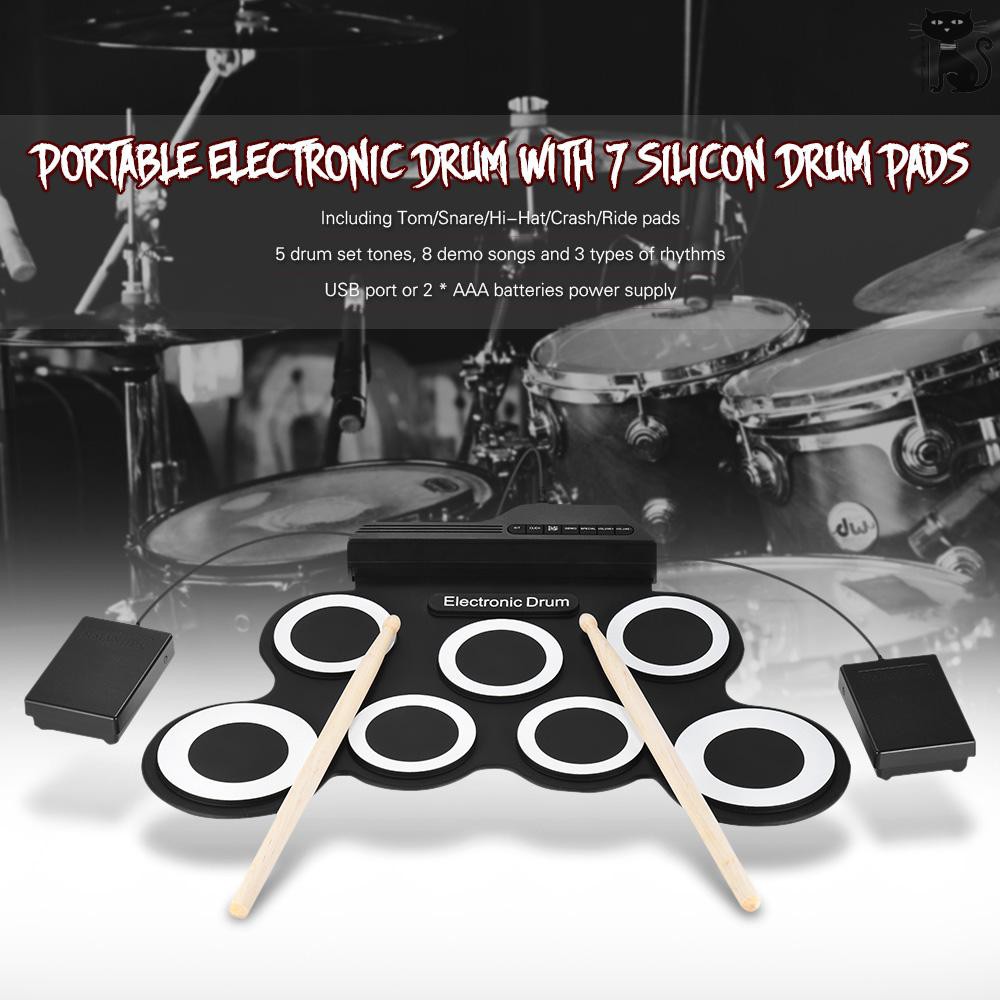 COD☆ Compact Size Portable Digital Electronic Roll Up Drum Set Kit 7 Silicon Drum Pads USB Powered wi