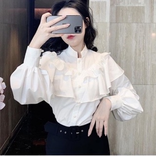 Áo sơ mi nữ tay phồng bèo tầng cổ trụ, sơ mi công sở dài sang chảnh