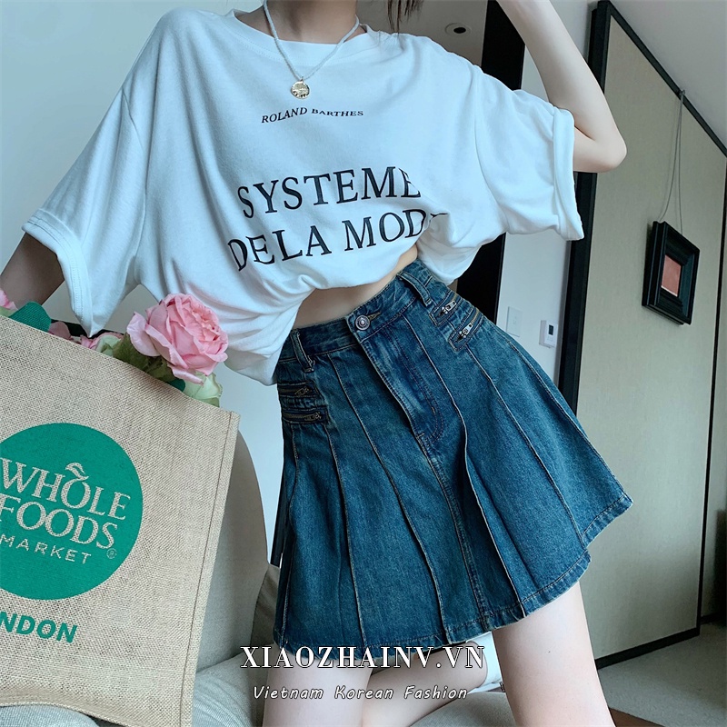 ✖♟Chân Váy Jean Chữ A Lưng Cao Phối Khóa Kéo Thời Trang Mùa Hè Cho Nữ