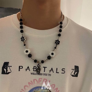 Vòng cổ Mặt Hình Hoa Cúc Mặt Cười Màu Đen Đính Ngọc Trai Phong Cách hip hop Đường Phố Âu Mỹ Cho Nam