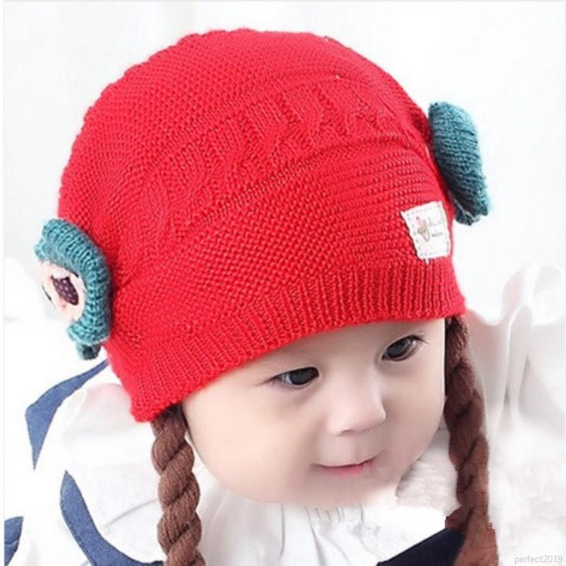 Mũ Cotton Giữ Ấm Mùa Đông Đính Nơ Kèm Tóc Bện Giả Cho Bé Gái