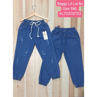 Quần jean dáng baggy lỡ cào xước bo chun lưng thun xanh đậm