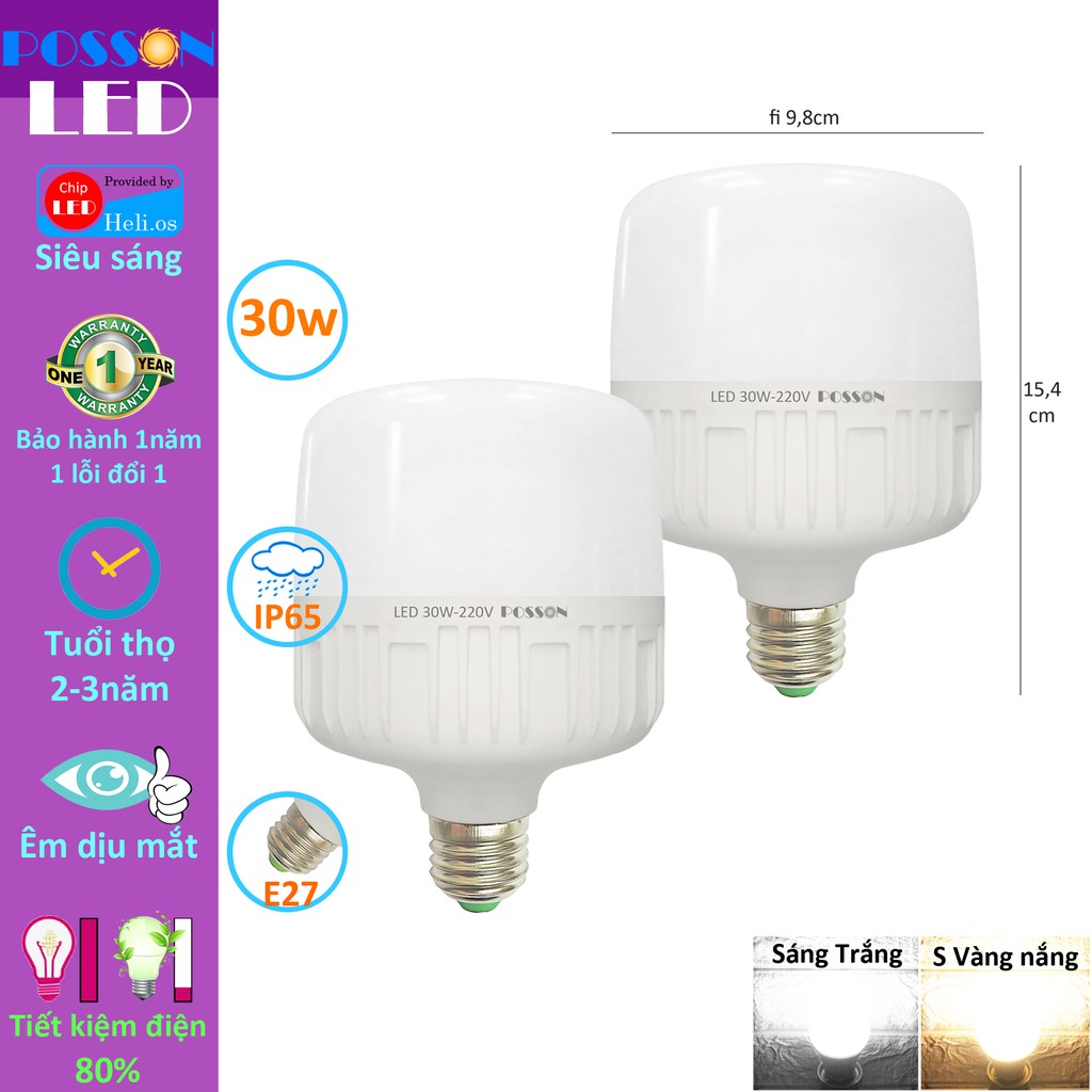 2 Bóng đèn Led trụ 30w bup trụ bulb siêu sáng tiết kiệm điện kín chống nước Posson LC-H30x
