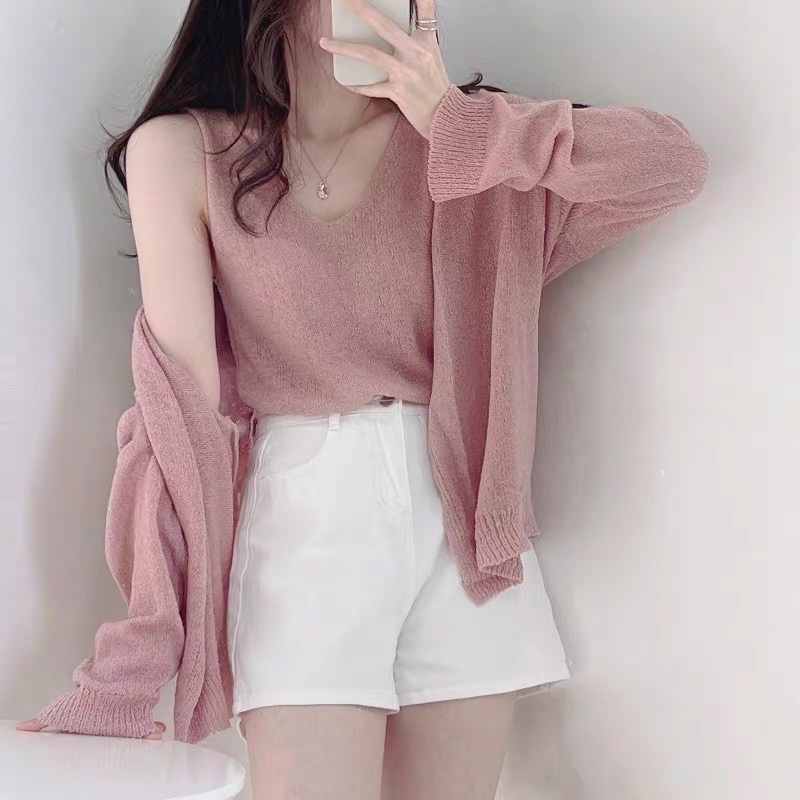 set áo len mỏng dệt kim kiểu basic đơn giản gồm khoác ngoài và áo 3 lỗ trơn (816#)