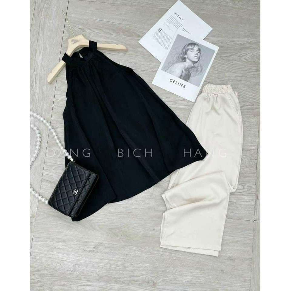 SET ÁO LỤA NT ĐEN CỔ YẾM QUẦN BE | BigBuy360 - bigbuy360.vn