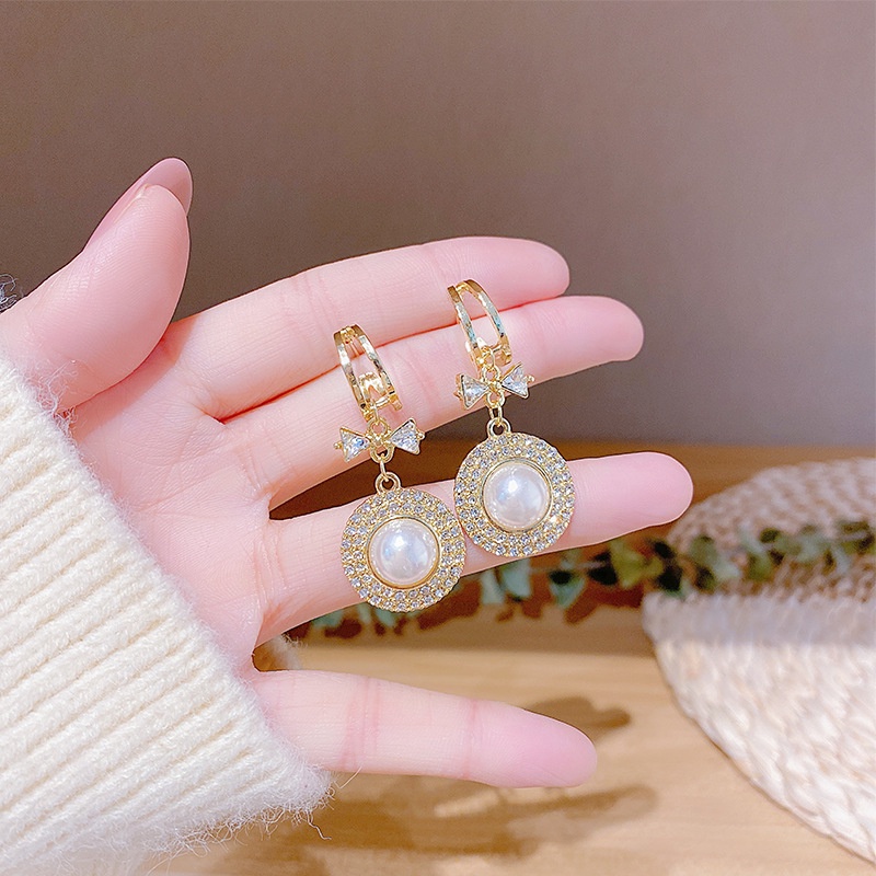 Khuyên Tai Nơ Đính Đá Kim Cương Giả Cao Cấp Sang Trọng Phong Cách Pháp