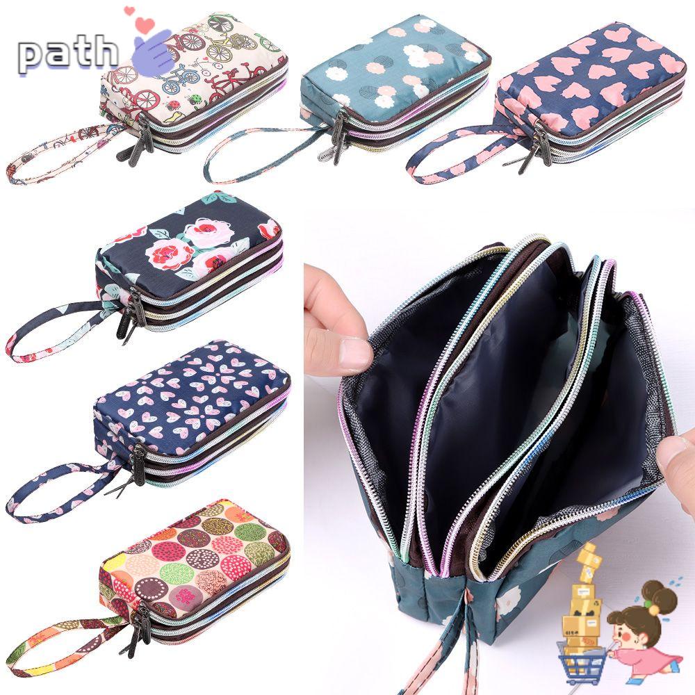 ♪PATH♪ Fashion Print Canvas Bag Portable Coin Purse Female Handbag Waterproof Larger Capacity Practical Key Three-layer Long Wallet