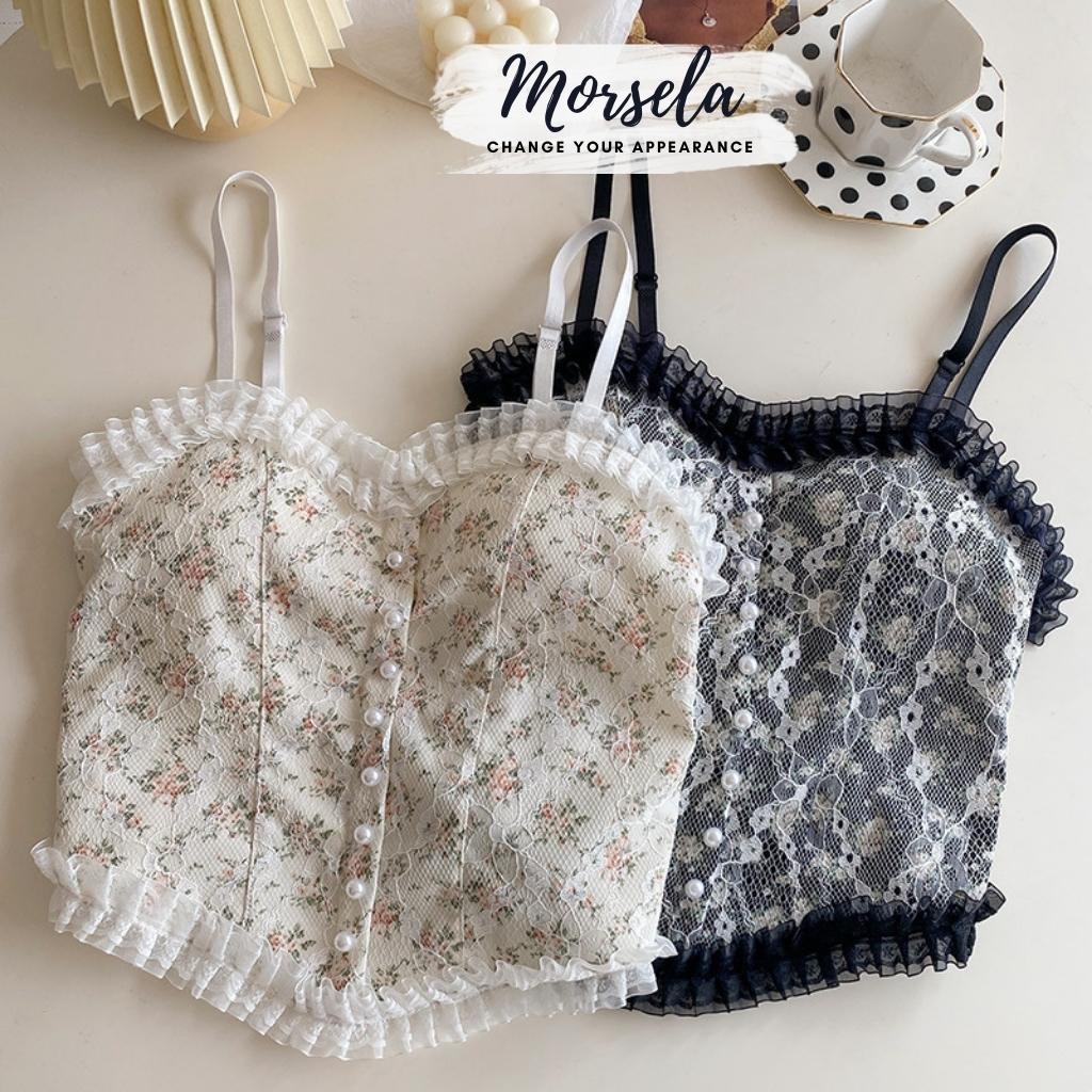Áo bra ren 2 dây họa tiết hoa nhí viền bèo phối nút phong cách tiểu thư sang trọng - Morsela