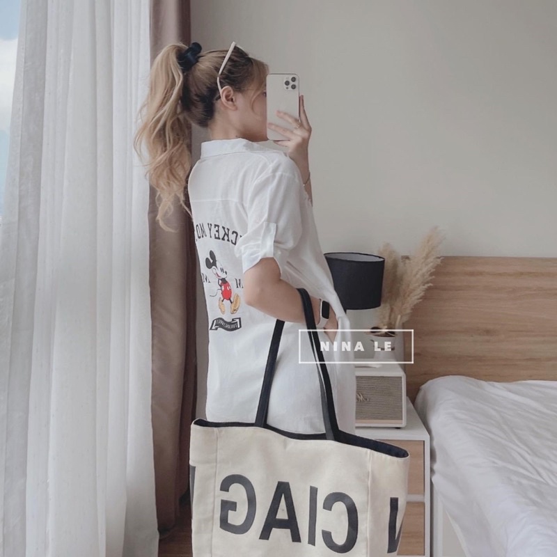 Đầm sơ mi hoạ tiết mickey sau lưng dáng suông siêu xinh