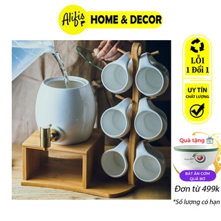 Bộ cốc sứ trắng kèm giá gỗ phong cách Bắc Âu