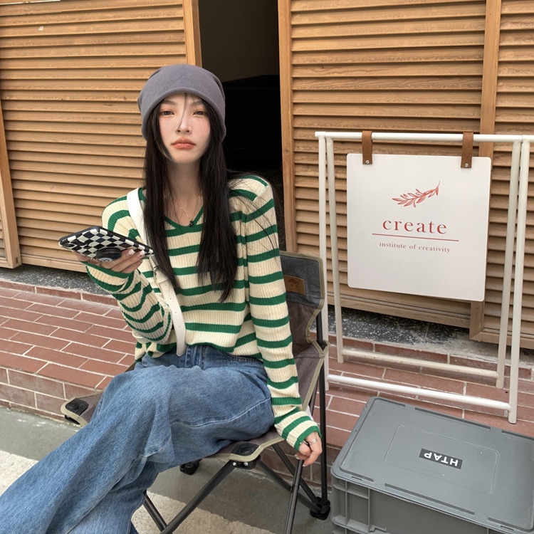 Áo dệt kim NZN tay dài cổ chữ V hoạ tiết kẻ sọc thiết kế thời trang