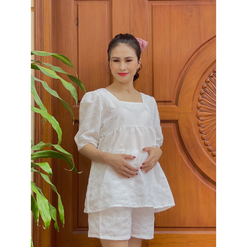 Bộ đồ Bầu Cộc tay thiết kế tay Bồng tiểu thư chất Đũi xốp mặc nhà và đi chơi BĐ843