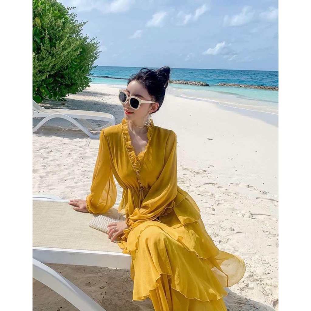 [FREESHIP] Đầm Maxi Đi Biển Đầm maxi vàng tầng