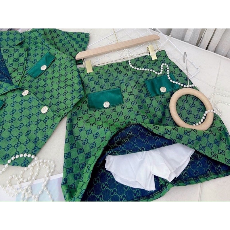 Set bộ gucci 2 món áo vest croptop kèm chân váy kaki ngắn xanh dương/lá hồng nâu - thời trang đi chơi dự tiệc sang trọng