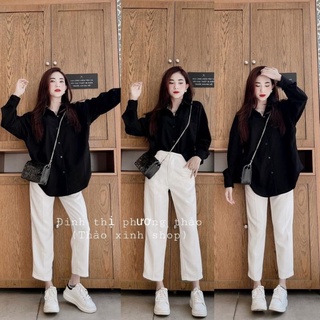 Set áo sơ mi đen kèm quần trắng thảo xinh