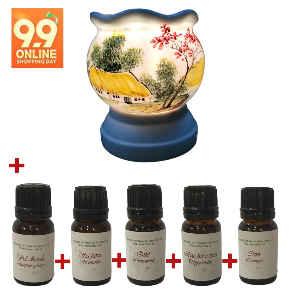 [Tặng 5 chai tinh dầu 10ml] Combo đèn xông tinh dầu điện size L tặng 5 chai tinh dầu 10ml Viện IAT(ib mẫu)