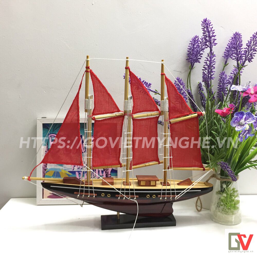 [Không lắp ráp] Mô hình thuyền gỗ trang trí nhà cửa - Thuyền gỗ Atlantic của Mỹ - Dài 32cm - Buồm đỏ