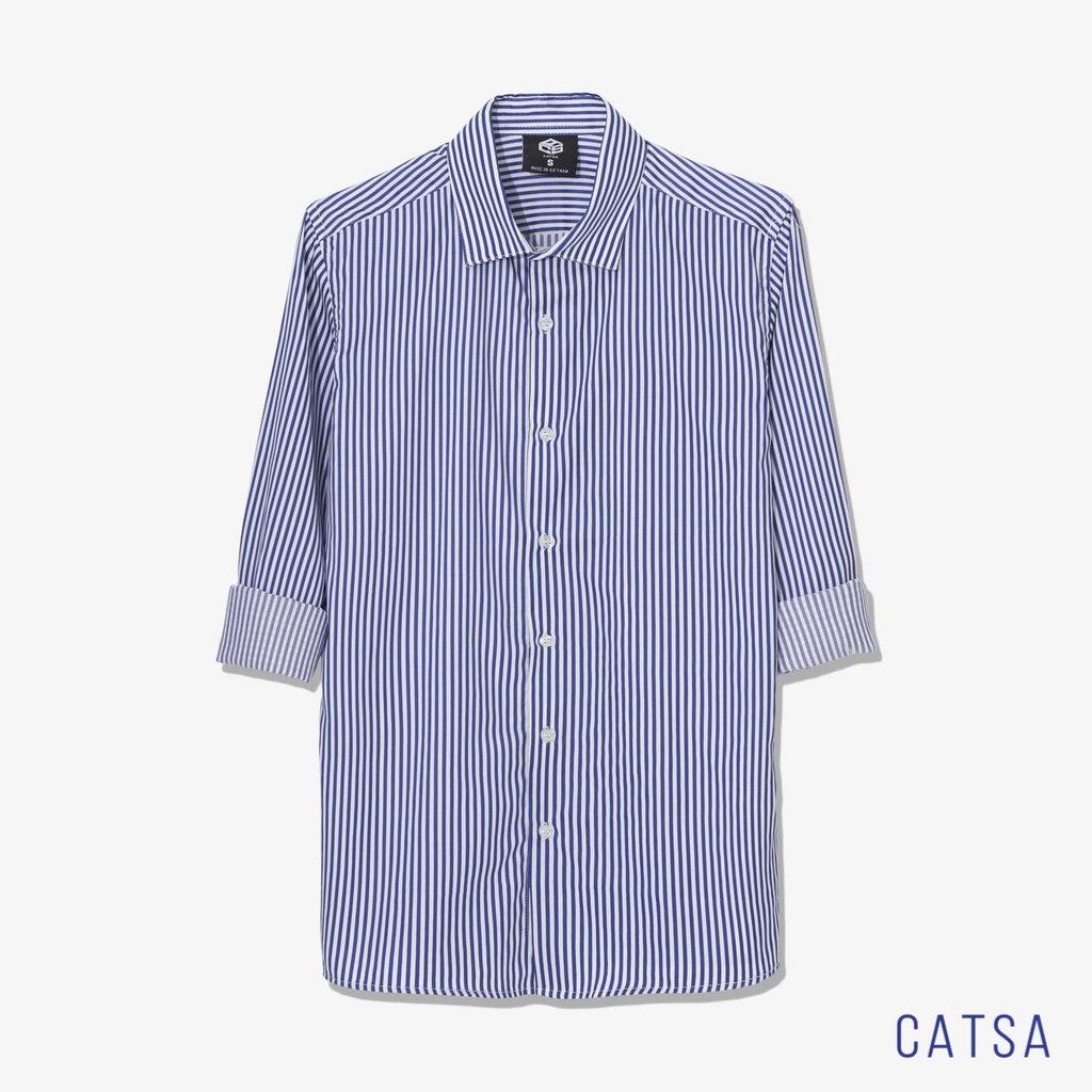 Áo sơ mi nam công sở tay dài trắng sọc xanh đen chất vải Kate mềm mịn, thoáng mát, chống nhắn CATSA ASD017