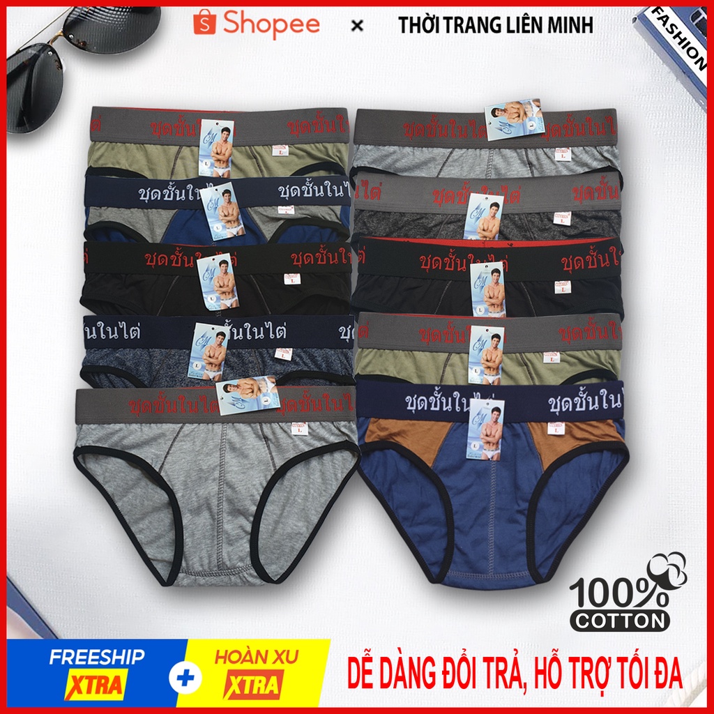 Combo 10 quần lót của nam lưng Thái cao cấp, vải cotton 100%, co giãn và thấm hút tốt, sịp tam giác, quần xì, đồ lót