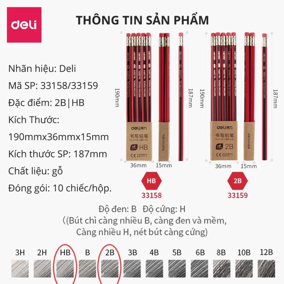 Bút chì lục giác Deli 2B/HB kèm đầu tẩy - bút chì gỗ dễ gọt phù hợp với học sinh, dân văn phòng, an toàn khi dùng