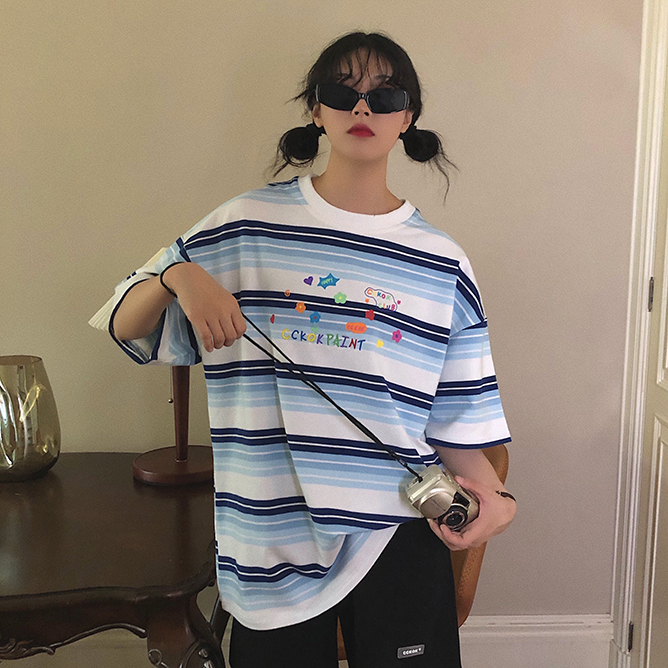 Áo Thun Nữ Ngắn Tay Họa Tiết Sọc Thêu Hình Thời Trang | BigBuy360 - bigbuy360.vn