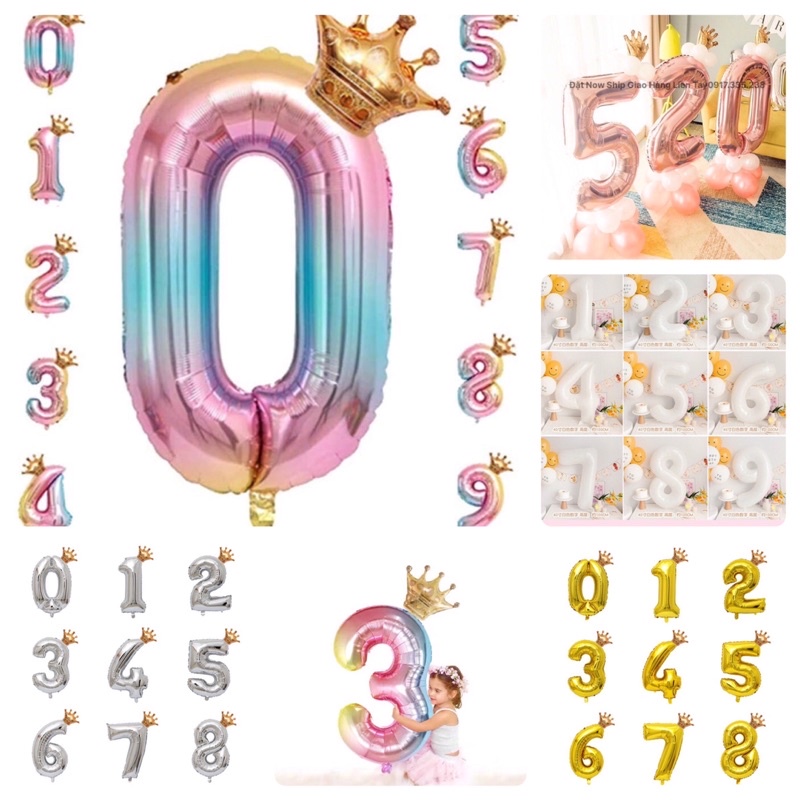 Bóng số trang trí sinh nhật size to màu cầu vồng Kèm Vương Miện Hot Trend ( 70cm )