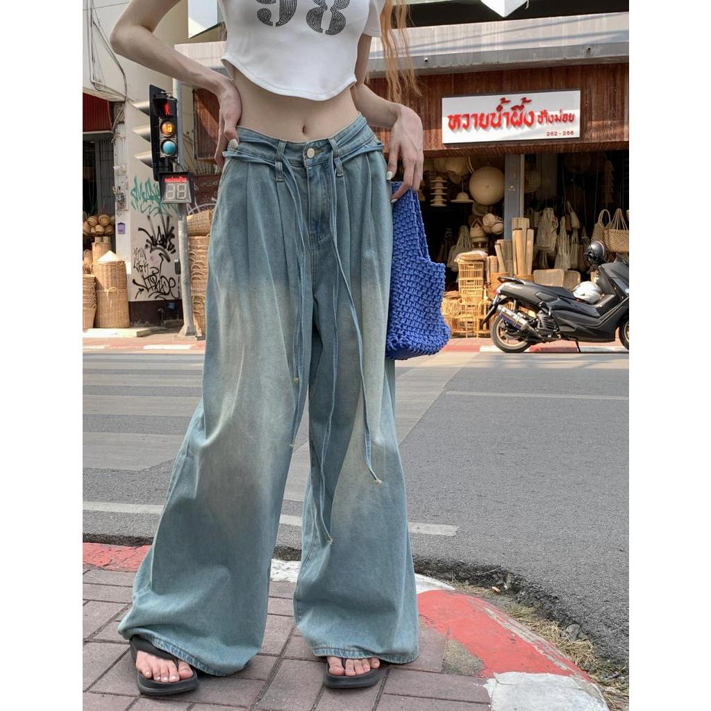 62667 Quần Denim Ống Rộng Dây Rút Màu Sắc Tươi Sáng Mùa Hè Miễn Phí 2 Dây