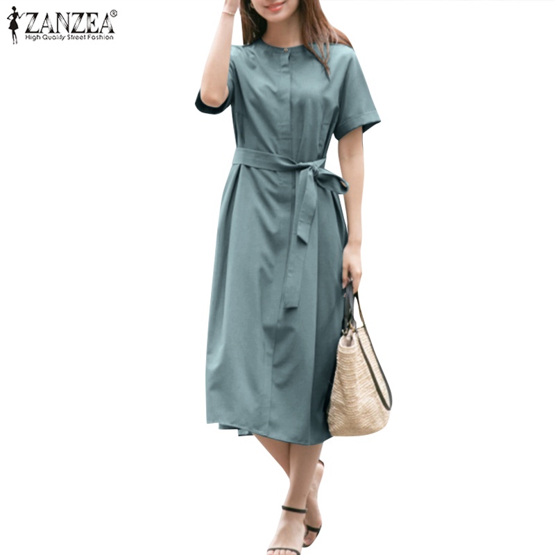 Đầm dài ZANZEA cổ tròn tay ngắn màu trơn phối túi thời trang tùy chọn màu sắc cho nữ